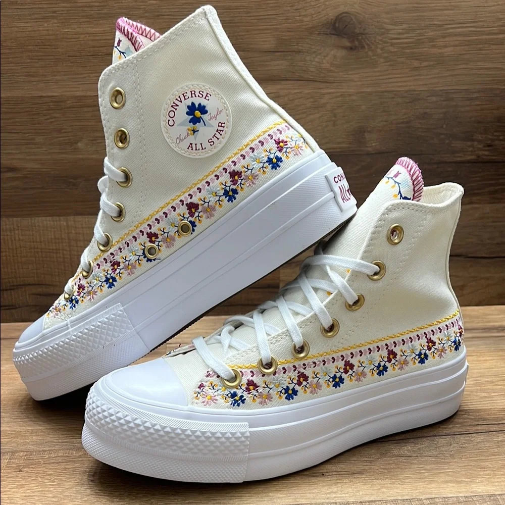 Converse White Pink Floral platform High-Top Sneakers